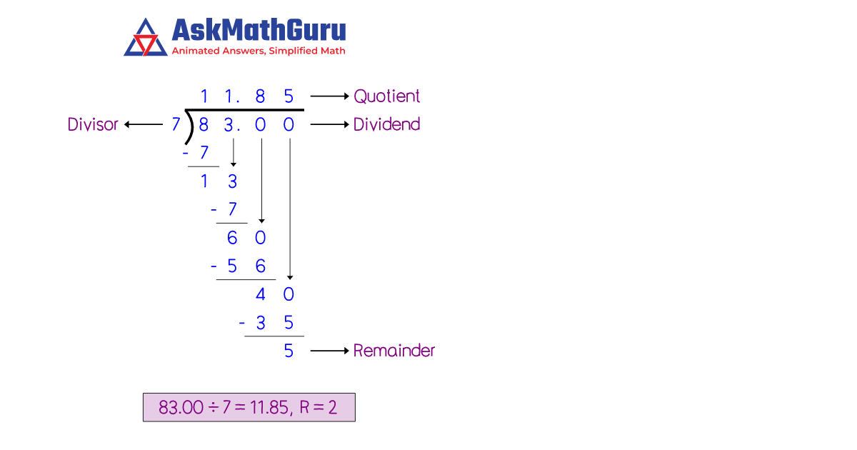 what-is-83-divided-by-7-to-2-decimal-places-long-division-method